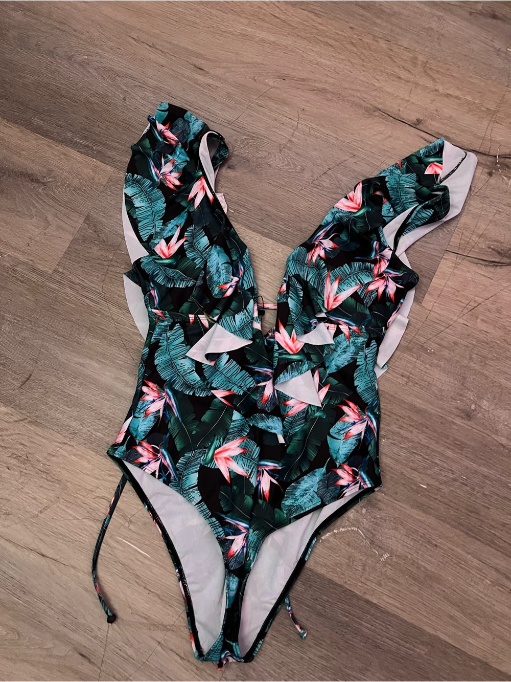Tropical Floral Ruffle One-Piece Swimsuit - Black & Green